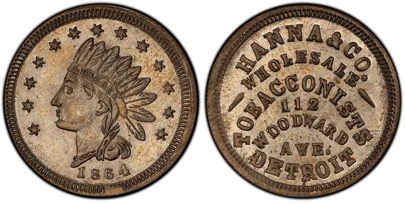 (1864) Copper-Nickel Civil War Store Card F-225AJ-4d, Hanna & Co. MI