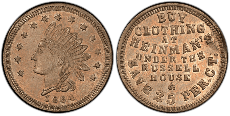 (1864) Copper-Nickel Civil War Store Card F-225AJa-3d, Heinman's MI