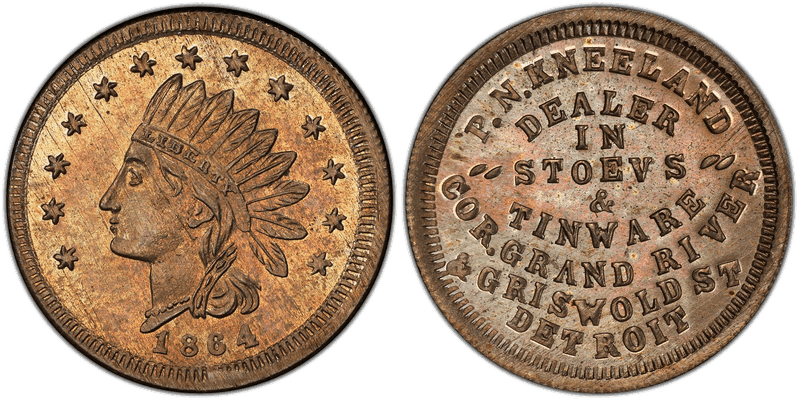 (1864) Copper-Nickel Civil War Store Card F-225AR-4d, P.N. Kneeland MI