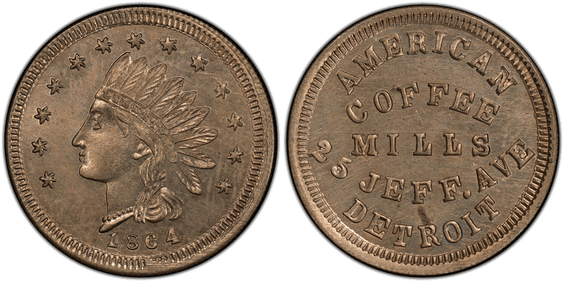 (1864) Copper-Nickel Civil War Store Card F-225B-5d, American Coffee Mills MI