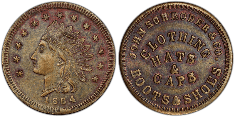 (1864) Copper Civil War Store Card F-225BO-2a, John Schroder & Co. MI