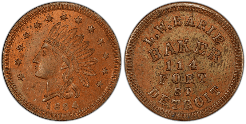 (1864) Copper Civil War Store Card F-225F-6a, L.W. Barie MI