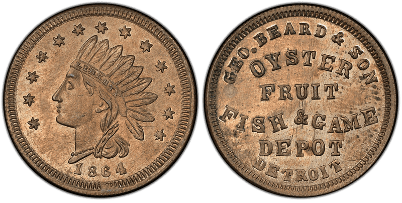 (1864) Copper-Nickel Civil War Store Card F-225G-4d, Geo. Beard & Son MI