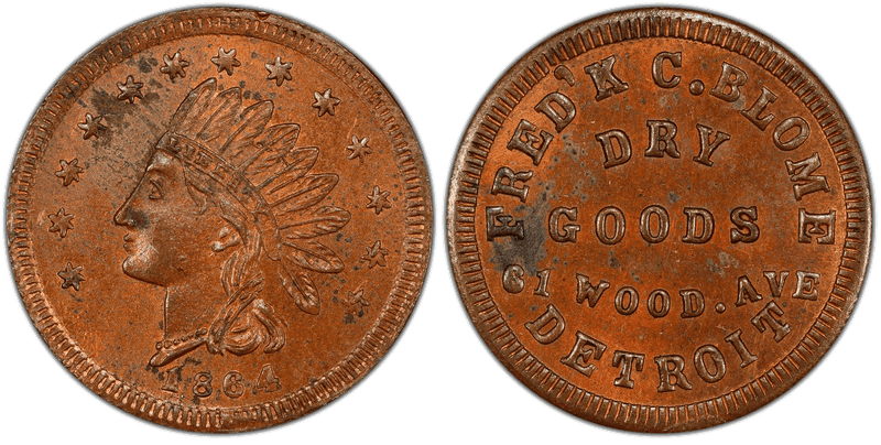(1864) Copper Civil War Store Card F-225J-2a, Fred'k C. Blome MI