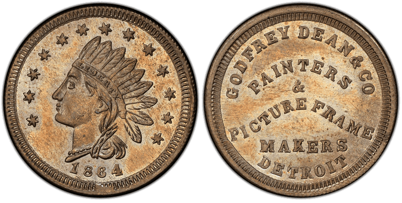 (1864) Copper-Nickel Civil War Store Card F-225U-4d, Godfrey Dean & Co MI