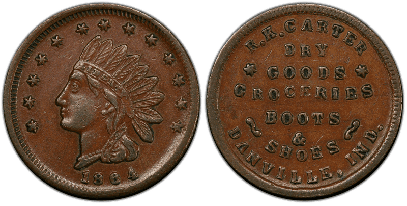 (1864) Copper Civil War Store Card F-230A-1a, R.K. Carter IN