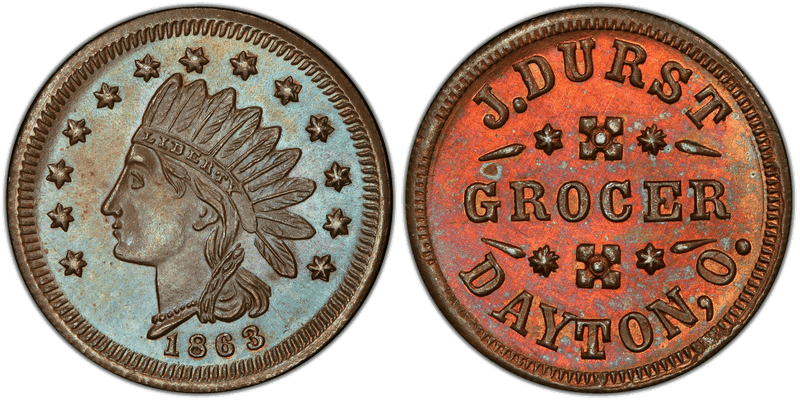 (1864) Copper Civil War Store Card F-230B-3a, J. Durst OH