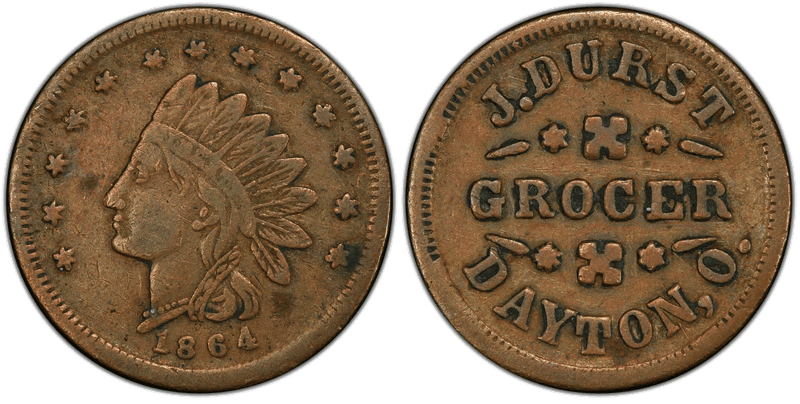 (1864) Copper Civil War Store Card F-230B-7a, J. Durst OH
