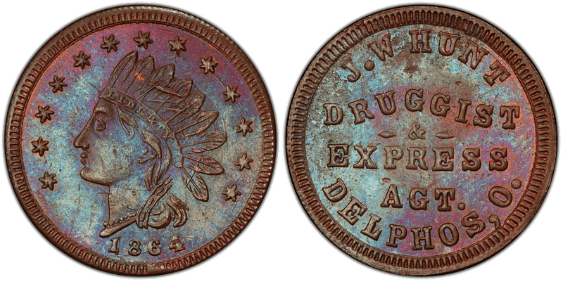 (1864) Copper Civil War Store Card F-250A-3a, J.W. Hunt OH