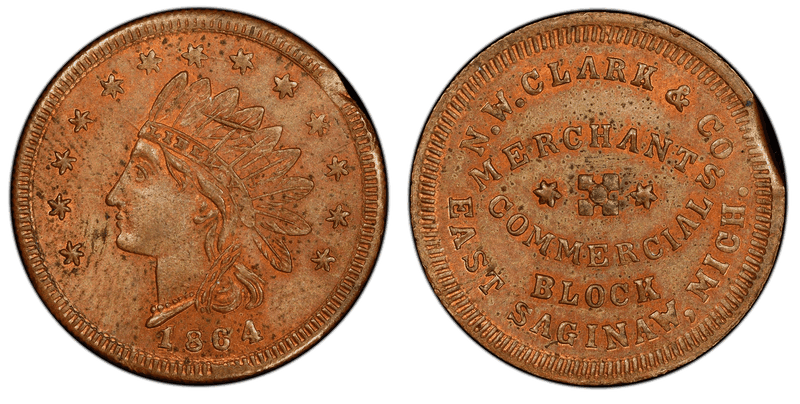 (1864) Copper Civil War Store Card F-280B-4a, N.W. Clark & Co MI