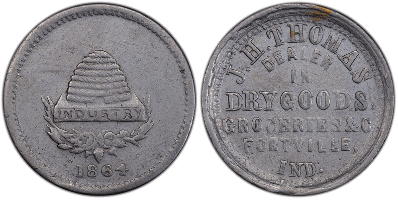 (1864) Zinc Civil War Store Card F-285A-4i, J.H. Thomas IN