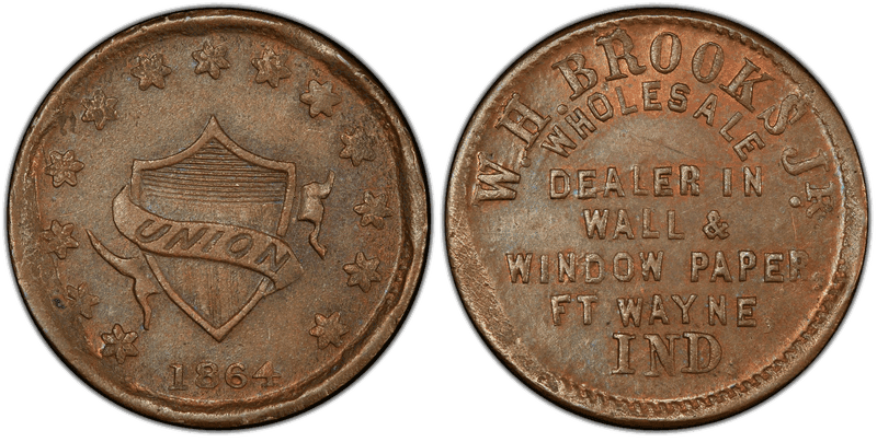 (1864) Copper Civil War Store Card F-290E-4a, W.H. Brooks Jr. IN