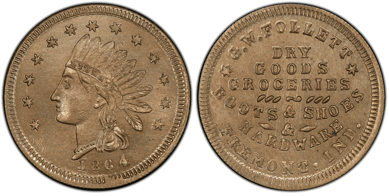 (1864) Copper-Nickel Civil War Store Card F-305A-3d, G.W. Follett IN