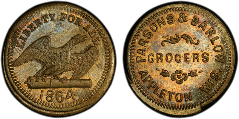 (1864) Brass Civil War Store Card F-30A-1b, Parsons & Barlow WI