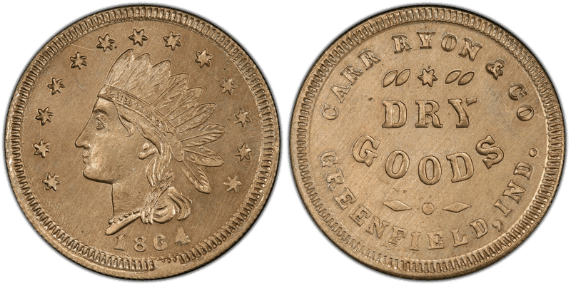 (1864) Copper-Nickel Civil War Store Card F-360A-2d, Carr Ryon & Co IN