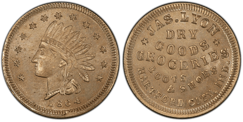 (1864) Copper-Nickel Civil War Store Card F-395A-3d, Jas. Lyon IN