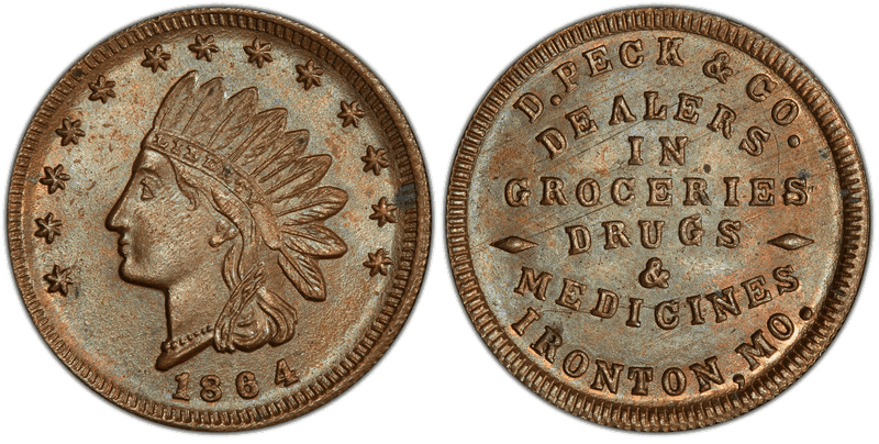(1864) Copper Civil War Store Card F-400A-1a, D. Peck & Co. MO