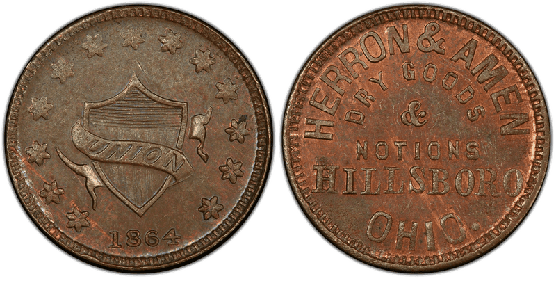 (1864) Copper Civil War Store Card F-400D-1a, Herron & Amen OH