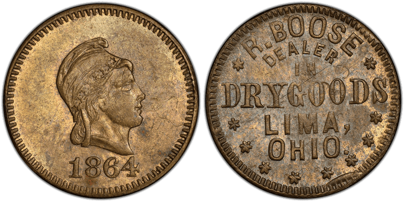 (1864) Brass Civil War Store Card F-450A-2b, R. Boose OH