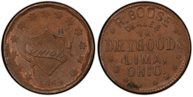 (1864) Copper Civil War Store Card F-450A-4a, R. Boose OH