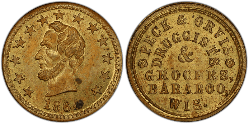 (1864) Brass Civil War Store Card F-45A-1b, Peck & Orvis WI