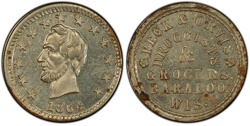 (1864) German-Silver Civil War Store Card F-45A-1j, Peck & Orvis WI