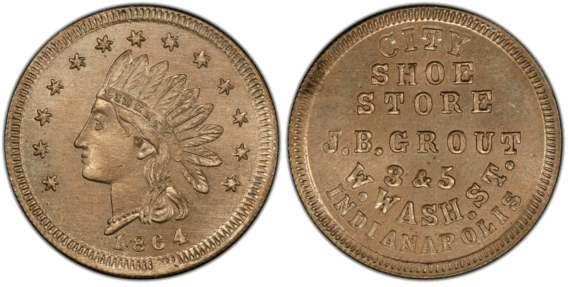 (1864) Copper-Nickel Civil War Store Card F-460F-4d, J.B. Grout IN