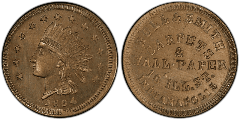 (1864) Copper-Nickel Civil War Store Card F-460P-3d, Roll & Smith IN