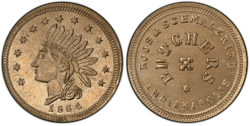 (1864) Copper-Nickel Civil War Store Card F-460Q-3d, Roos & Schmalzried IN