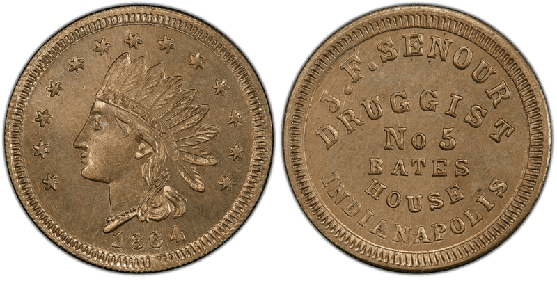 (1864) Copper-Nickel Civil War Store Card F-460R-2d, J.F. Senour IN