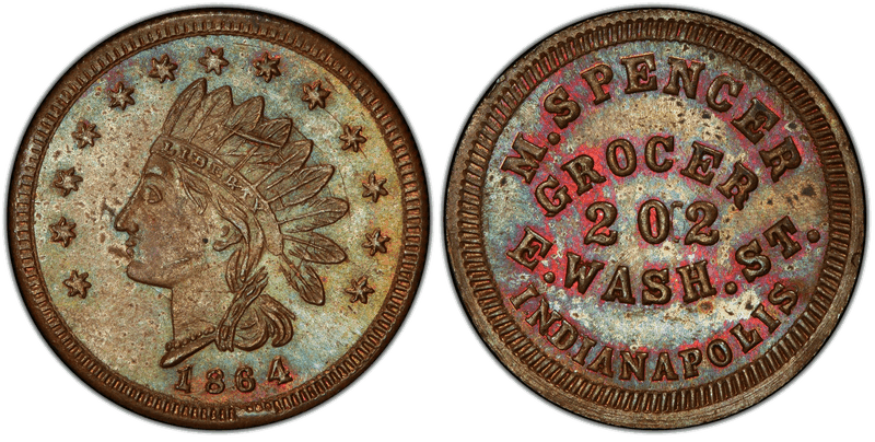 (1864) Copper Civil War Store Card F-460T-4a, M. Spencer IN