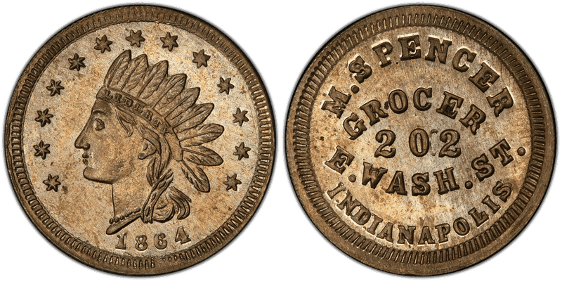 (1864) Copper-Nickel Civil War Store Card F-460T-4d, M. Spencer IN