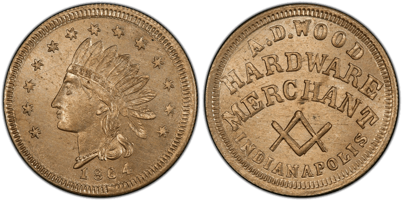 (1864) Copper-Nickel Civil War Store Card F-460Z-3d, A.D. Wood IN