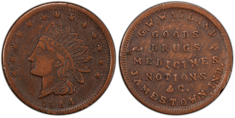 (1864) Copper Civil War Store Card F-470A-1a, G.W. Wayland IN