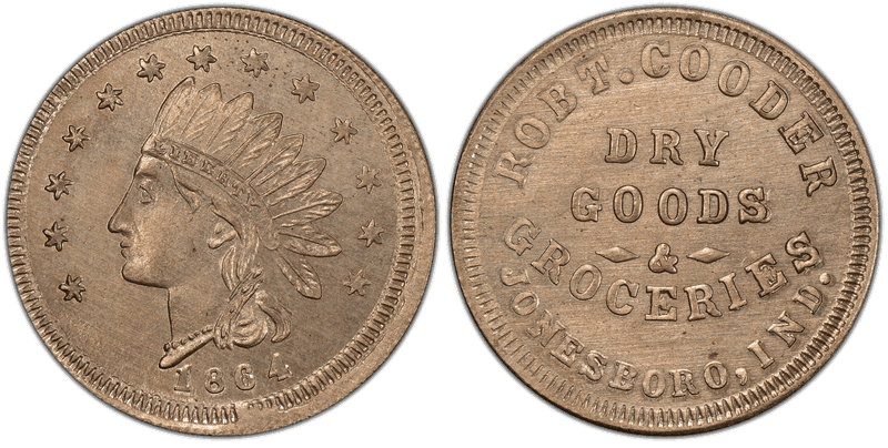 (1864) Copper-Nickel Civil War Store Card F-495A-2d, Robt. Cooder IN