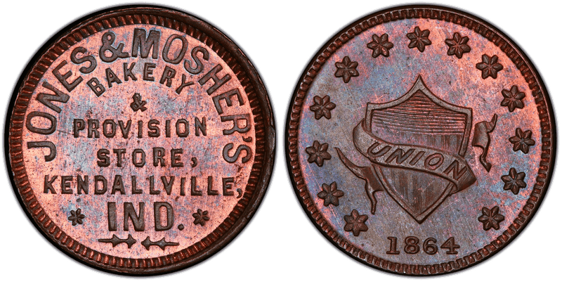 (1864) Copper Civil War Store Card F-500K-1a, Jones & Mosher's IN
