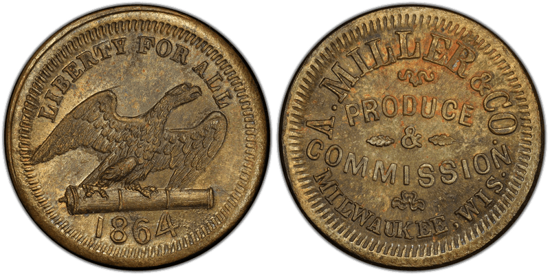 (1864) Brass Civil War Store Card F-510AA-1b, A. Miller & Co. WI
