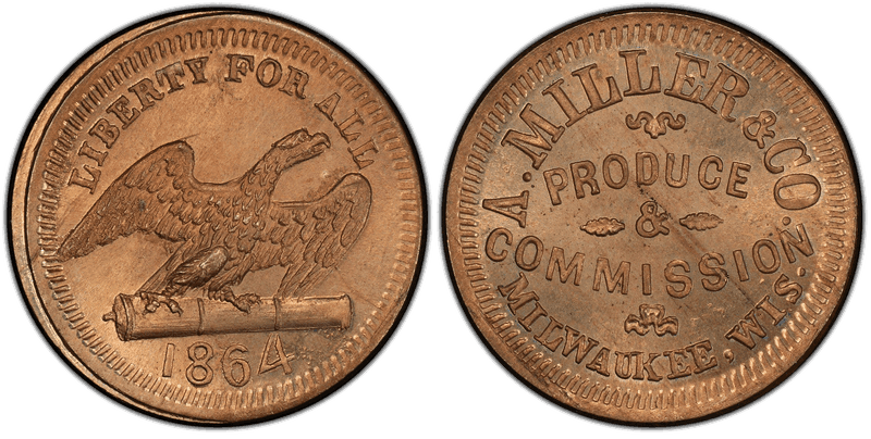 (1864) Copper-Nickel Civil War Store Card F-510AA-1d, A. Miller & Co. WI