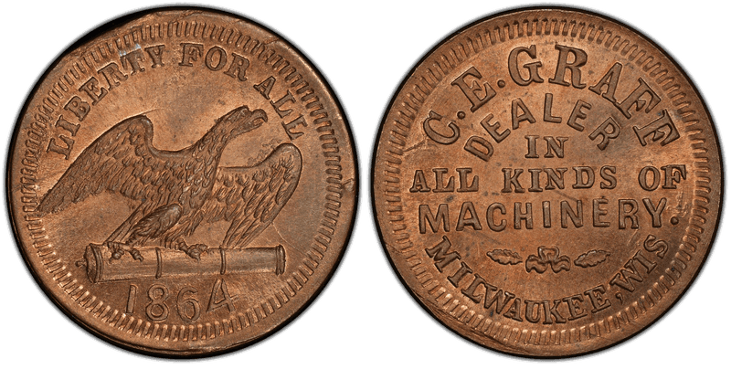 (1864) Copper-Nickel Civil War Store Card F-510O-1d, C.E. Graff WI