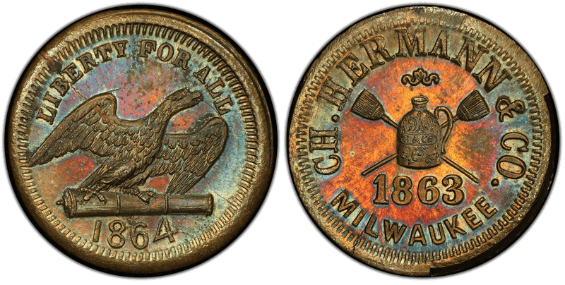 (1864) Brass Civil War Store Card F-510R-2b, Ch. Hermann & Co. WI