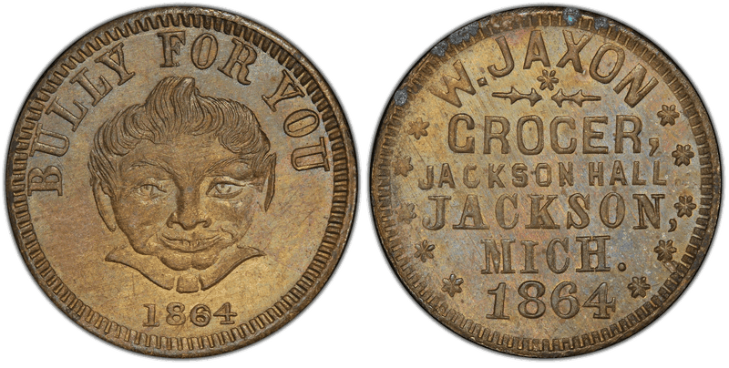 (1864) Brass Civil War Store Card F-525D-4b, W. Jaxon MI