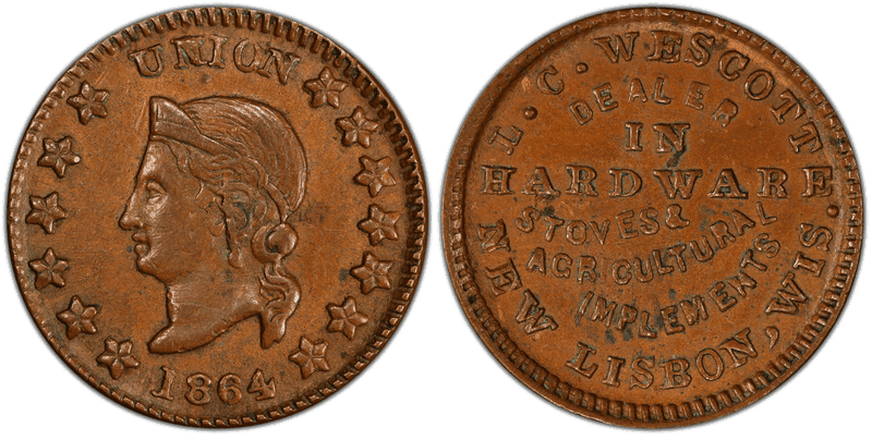 (1864) Copper Civil War Store Card F-540B-1a, L.C. Wescott WI