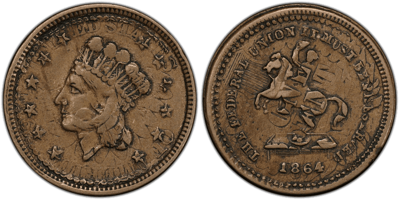 (1864) Copper-Nickel Civil War Patriotic Token F-54/179do, The Federal Union, Stk on 1863 1C Patriotic Cent