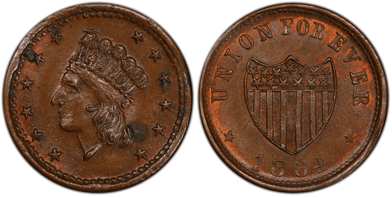 (1864) Copper Civil War Patriotic Token F-54/342a, Union For Ever