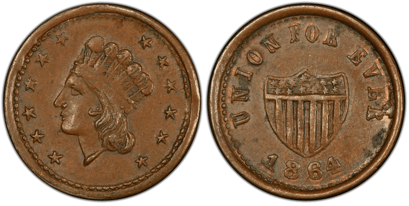 (1864) Copper Civil War Patriotic Token F-54/343Aa, Union For Ever
