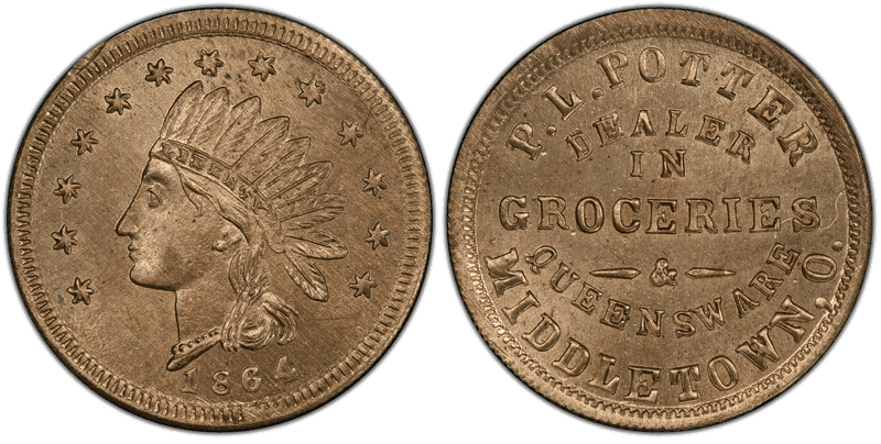 (1864) Copper-Nickel Civil War Store Card F-555A-5d, P.L. Potter OH