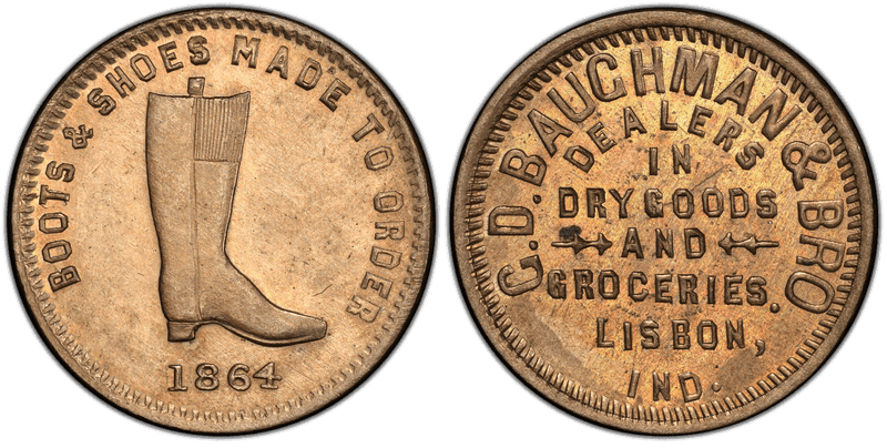 (1864) Copper-Nickel Civil War Store Card F-560A-1d, C.D. Baughman IN