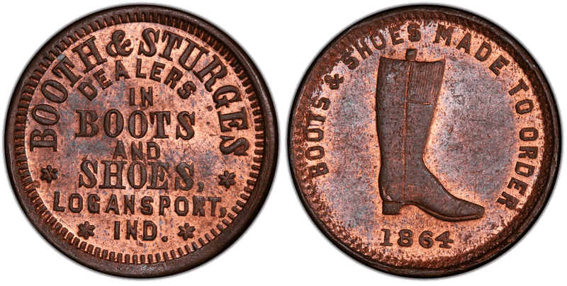 (1864) Copper Civil War Store Card F-570A-1a, Booth & Sturges IN