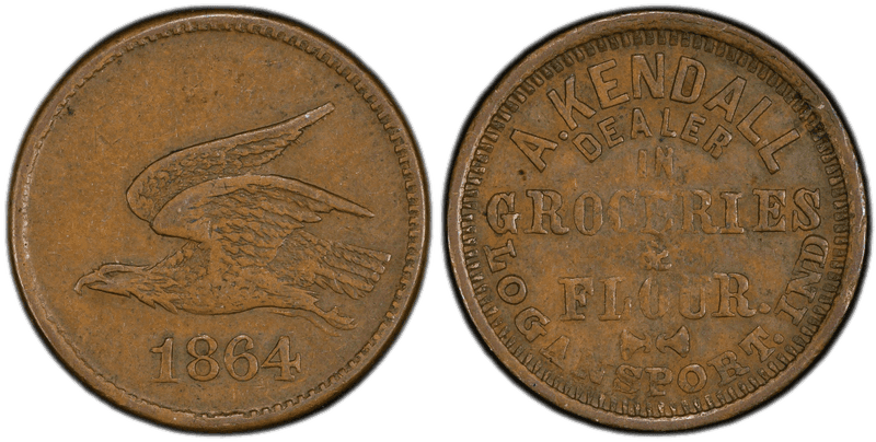 (1864) Copper Civil War Store Card F-570D-1a, A. Kendall IN