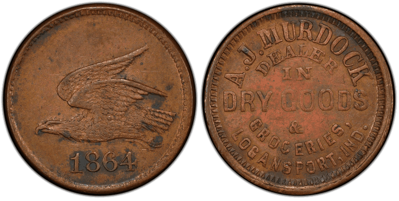 (1864) Copper Civil War Store Card F-570H-1a, A.J. Murdock IN